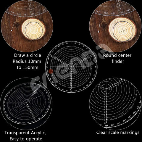 Round Center Finder Compass For Lathe Work And Woodturning 12 Inch Circle Gauge with clear acrylic, scale markings