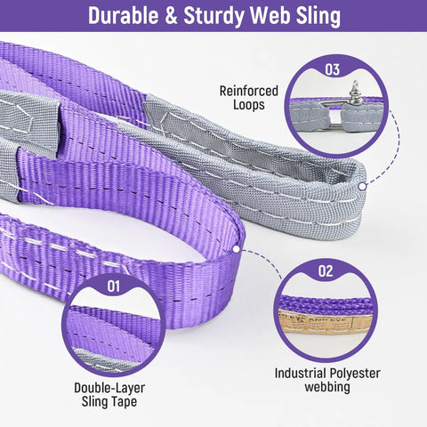 Two 1in x 3.3ft eye-to-eye polyester lifting slings, 2-ply purple and gray webbing with reinforced loops.