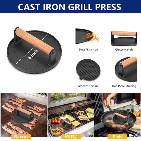 6-inch cast iron grill press with wooden handle used for outdoor BBQ on bacon, patties, and fish.