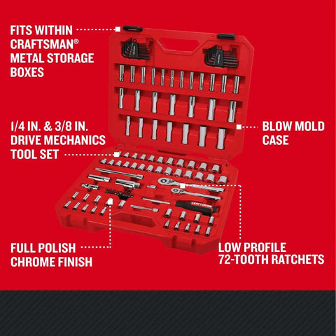 105 Piece Mechanics Tool Set With SAE And Metric Sockets in durable blow mold case with low profile 72 tooth ratchets