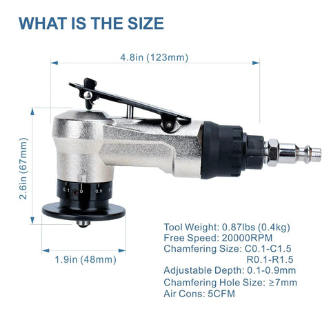 Side view of a Lightweight Pneumatic Chamfer Tool For Metal Deburring, Tiny Yet Mighty Mini Air Beveler with specifications.