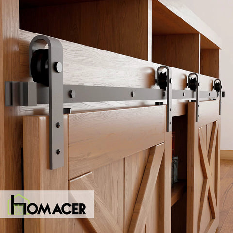 Mini Black Rustic Sliding Barn Door Hardware Kit For Two Doors 54 Inch Flat Track Non Bypass With Classic Roller Design Ideal For TV Stand Cabinet Vanity And Console Use close-up view