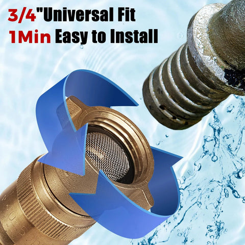 Brass RV water pressure regulator with 3/4 in GHT fitting and built-in filter, high-flow design.