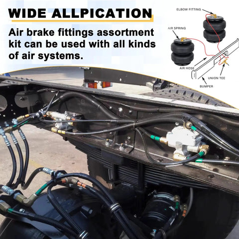 Brass 3/8 in OD air brake push-to-connect tee fittings kit (3 pcs) for truck trailer air system, installed on chassis