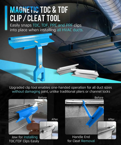 One-Handed Magnetic Duct Cleat Tool For TDC TDF PPC PPF Clips, 4 Inch Handle, showcased with HVAC duct installation