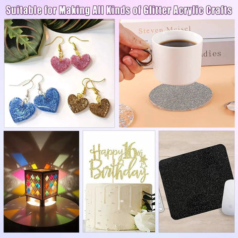 Collage showing various uses of Glitter Cast Acrylic Sheets One Eighth Inch Thick 10 Pack Eight By Eight Inches For Laser Cutting And Engraving Crazy Colorful Glitter Plexiglass for crafts and decor.