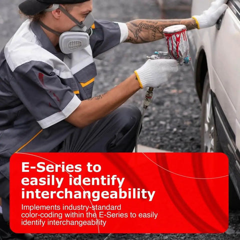 Person using paint sprayer on car with E-Series interchangeability information overlay