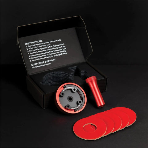 Autoline Pro gas cap adapter set for EVAP leak testing; front view with red anodized cylinder, round adapter, and red ring.