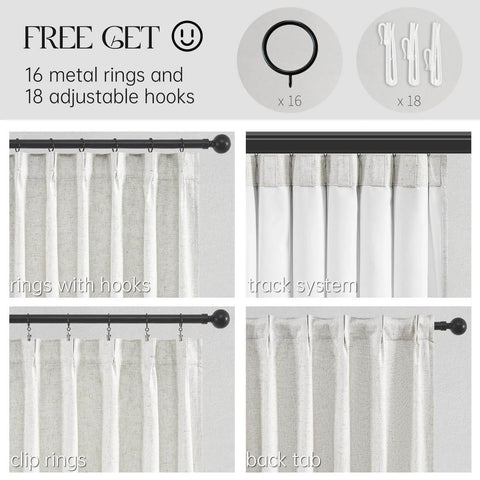 Extra Wide Blackout Linen Drapery Panel With Hooks, Pinch Pleat Curtains For Patio Sliding Doors And Large Windows, 72 By 96 Inches One Panel, showing rings, hooks, and back tab hanging methods.