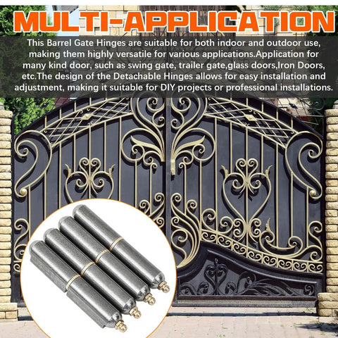 5 Pcs Weld On Barrel Hinge Set 3 Inch For Swing Doors Trailers Carbon Steel shown in front of decorative gate