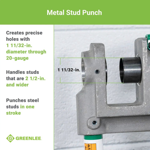 Close-up of the One Stroke Manual Metal Stud Punch Tool 1-11/32 Inch with aluminum head punching a hole in a steel stud.