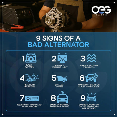 Technician holding alternator next to diagnostic equipment with a chart of 9 signs of a bad alternator in the background.