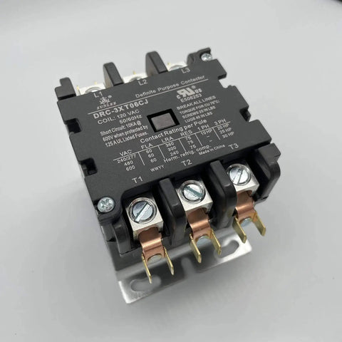 Beefy 60 Amp 3 Pole 120V Contactor for HVAC Setups with A2L Compliance, UL Recognized Status, close-up top view
