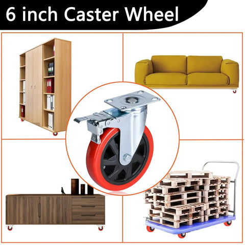 6 Inch Heavy Duty Swivel Caster Wheels Set Of 4 With Brakes And Lockable Bearing Plate Up To 3000 Lbs Per Caster Quiet 360 Degree Polyurethane Wheels