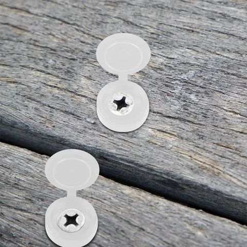 Close-up of 100 Pieces Large White Hinged Screw Cover Caps Set on wood surface, showing snap cover design with integrated washers.