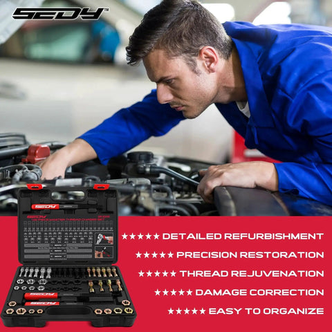 Mechanic using Thread Repair Kit 49Pcs Thread Chaser Set For Bolt Rethread SAE Metric with organized case on a car engine