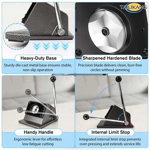 Heavy Duty 70mm Circle Punch for DIY Badges and Scrapbooking with metal base, ergonomic handle, sharp blade, and internal limit stop.