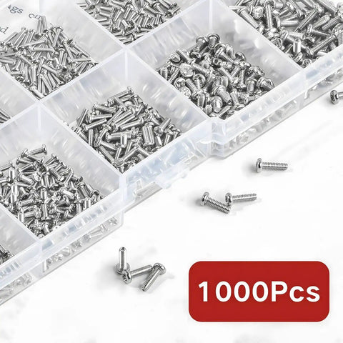 Small Micro Repair Screw Set 1000Pcs Nickel Plated Carbon Steel Phillips Pan Head Precision Screws For Eyeglasses Watches Clocks And Mobile Phones In Clear Storage Case M1 To M1.7
