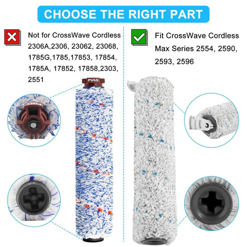 Bissell CrossWave Cordless Max parts; left shows incompatible brush head, right shows compatible gray multi-surface brush roll and filter.