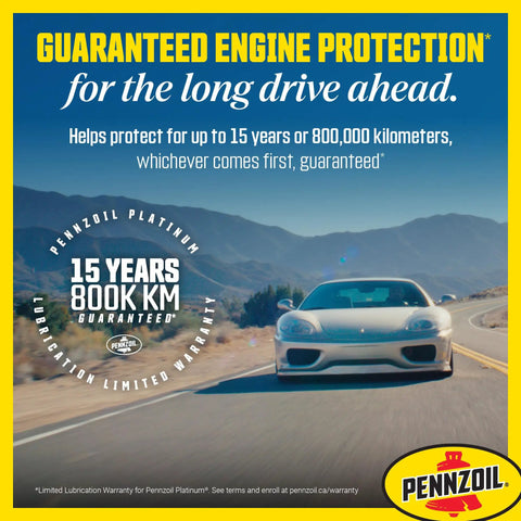 Premium Full Synthetic 0W-20 Motor Oil Made With Natural Gas, 5 Liter For Max Engine Protection With 24,000 Km Guarantee And 15 Year 800,000 Km Warranty From Pennzoil advertisement featuring a sports car on a highway.