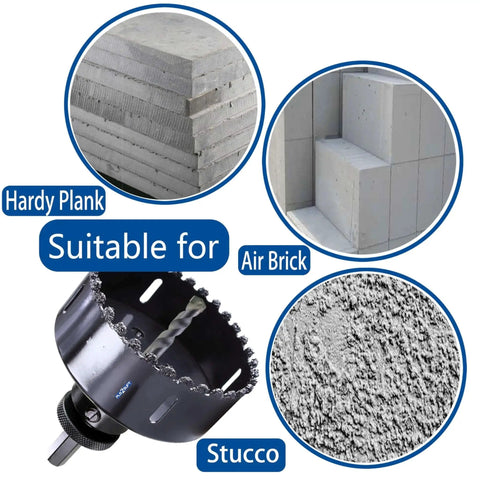 4-1/8 Inch Carbide Grit Hole Saw Cutter For Hardy Plank Air Brick Stucco Drywall Fiber Cement Siding Backer Board Plasterboard Cuts Fast Like Butter And Lasts With An 80 HRC Edge with images of hardy plank, air brick, and stucco surfaces.