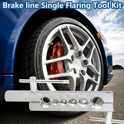 3/16 Inch Brake Line Kit 25 Ft Zinc Plated Fittings, bender, flare tool cutter shown with a car wheel in the background.
