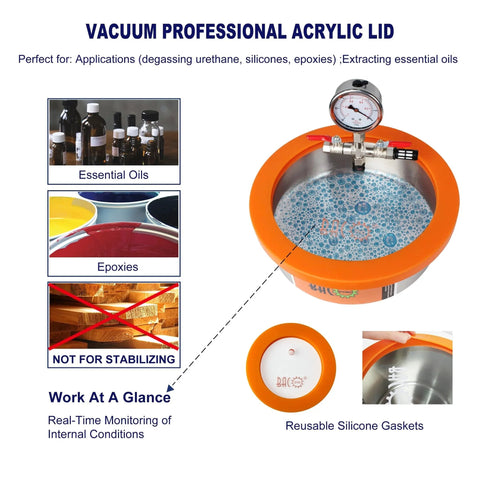 1 Gallon Flat Vacuum Chamber Kit For Resin Degassing And Epoxy Projects, Stainless Steel Chamber With Acrylic Lid, Durable Degassing For Resin Silicone And Epoxy Casting, Reusable Over 10,000 Times, BACOENG, showing essential oils and epoxies applications with pressure gauge
