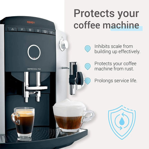 Front view of a silver and black espresso machine with a side water filter; EcoAqua replacement filter for Jura Capresso