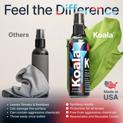 Comparison of Glasses Cleaner Kit With Alcohol-Free Spray Two Bottles And Microfiber Cloths showing Koala brand benefits.