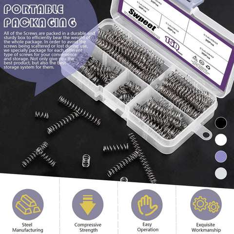 150 pcs five sizes compression springs assortment kit in open plastic box with dividers, ideal for quick fixes and home projects.