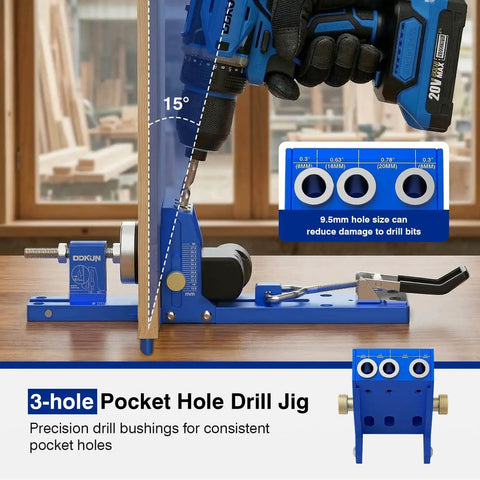 Pocket Hole Jig Kit For Five Eighths Inch To Two Inch Range, Adjustable Pocket Screw Jig System with drill in action, wood shop
