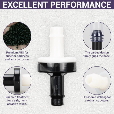 Inline one-way check valve with barb fitting, ABS plastic body, 1/4 in (6 mm) size for liquids and air systems.