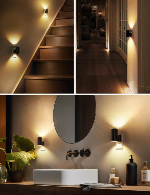 Plug In Night Light 2 Pack Dusk To Dawn Sensor Dimmable 3000K Vintage Black installed in hallway and bathroom