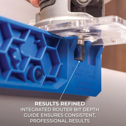 Close-up of Adjustable Door Hinge Routing Jig With Depth Guide For Precise Mortises on a door edge with router bit in use.