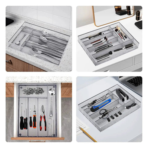 Five Compartment Mesh Silverware Drawer Organizer with Non Slip Foam Feet in kitchen and desk setups showcasing cutlery and tools.
