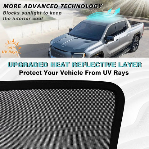 Foldable Sunshade Roof For Chevy Silverado EV RST And GMC Sierra EV Denali shown blocking sunlight on a truck