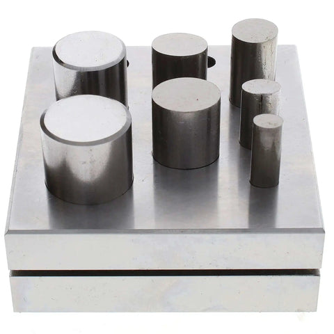 Oval Disc Cutter Set With Seven Punches And Die For Soft Metal Up To 14 Gauge on metal base, front view