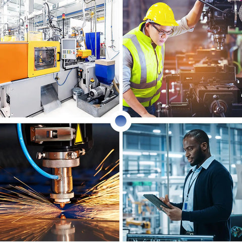 Manufacturing machinery, engineer working on equipment, laser cutting machine, and technician with tablet in industrial setting