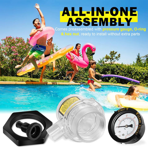 Manual air relief valve with pressure gauge for Pentair Triton pool filters; clear body and black mounting nut.