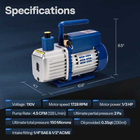 VIVOHOME 1/3 HP HVAC vacuum pump, blue metal housing with oil bottle