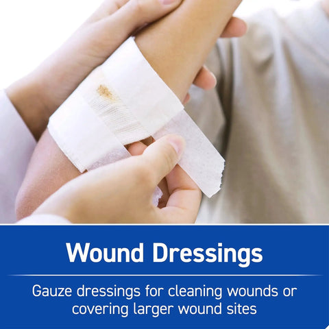 Person applying gauze dressing to arm, part of 110 Piece First Aid Kit With Physician Recommended Supplies For Travel Work School Home Car Emergency And Outdoor Adventures Includes Organized Pouches Comprehensive Guide Medicine Antiseptics Bandages And Refill Options.
