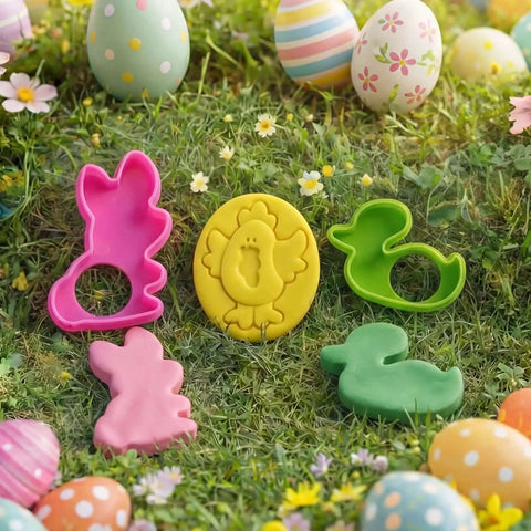 Kids 44 Piece Clay Tools Set With Rolling Pins, Molds, Cutters And Extruder Shapes For Creative Play, Party Favors And Easter Basket Stuffers By JOYIN showing bunny and chick molds on grass with Easter eggs.