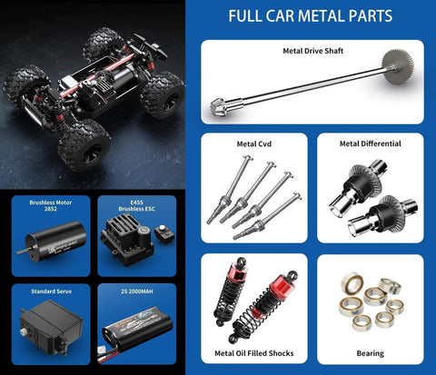 Parts and components of 4X4 Brushless RC Truck With Waterproof 45A ESC And 2852 4400KV Motor Speed Demon 1/14 Scale Off Road Drift RC Car