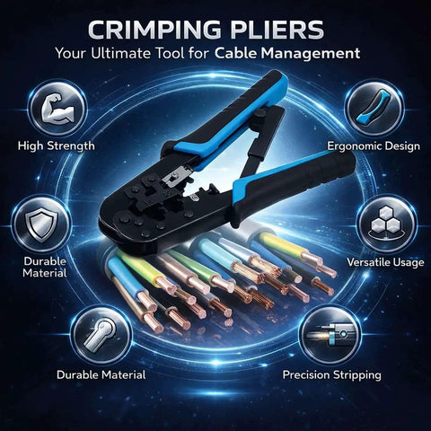 Ratcheting Crimping Tool For 8P And 6P Heads With Protective Device, durable blue-black alloy, ideal for Cat5 network cabling, ergonomic handle