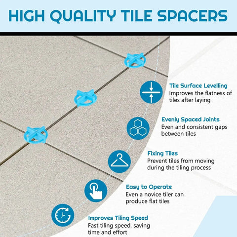 Close-up of 500 PC Eighth Inch Tile Spacers Set Removable Cross Corner Reusable Spacers Blue on tile joints