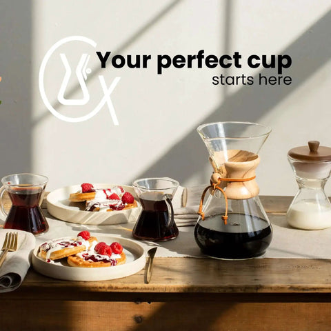 Ottomatic Auto Pour Over Coffee Maker Set With 40 Ounce Capacity, 6 Cup Glass Coffeemaker and breakfast setup on table.