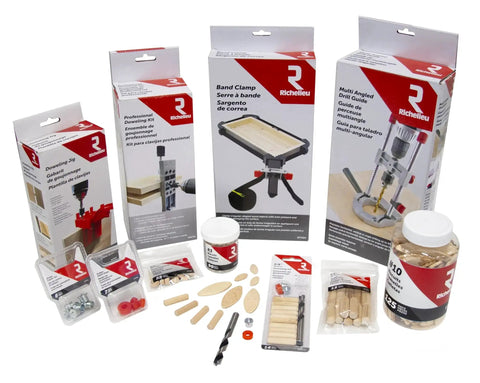 Assorted woodworking tools including Multi Angled Drill Guide Attachment for on-site drilling, band clamp, and accessories.