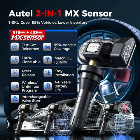 Set Of 4 MaxiTPMS Tire Pressure Sensors With 315MHz And 433MHz Snap In 1MX Rubber Stem, Tire Sensor Kit For Reprogramming TS408S TS508 TS508WF ITS600 MP900TS MS906 PRO TS displayed with tech specs on a tire background.