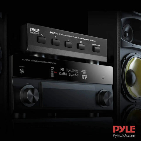 Four Zone Speaker Switch Box For Multi Channel Stereo System A B C D Selector Hub with audio receiver and speakers