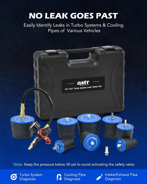Turbo Leak Tester Kit With 4 Stepped Adapters For Turbo Cooling And Emissions, showing adapters and case